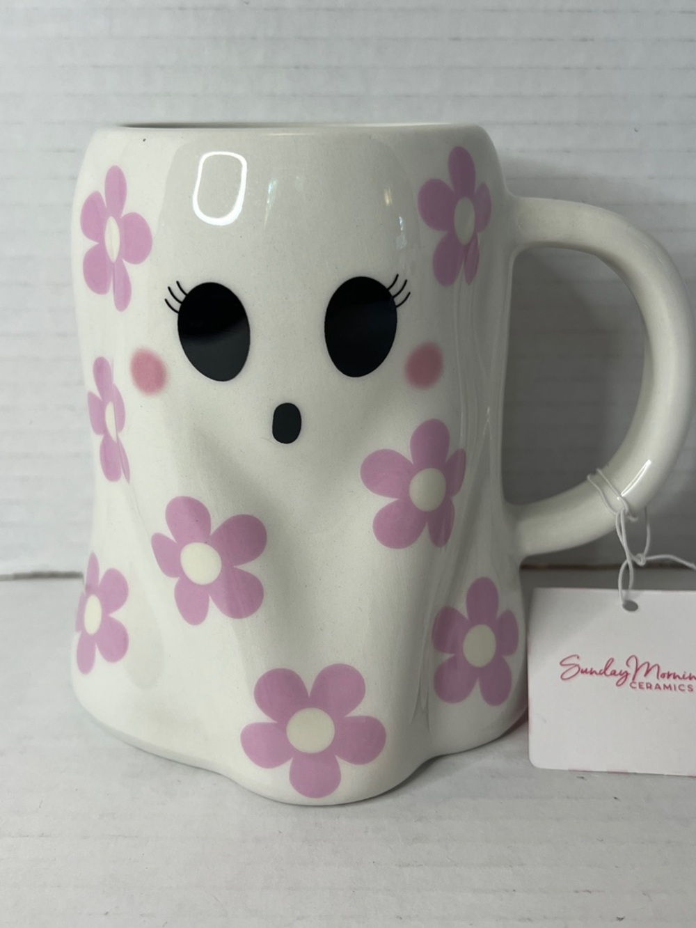 Sunday Morning Ceramics Halloween Ghost Pink White Flowers Mug New